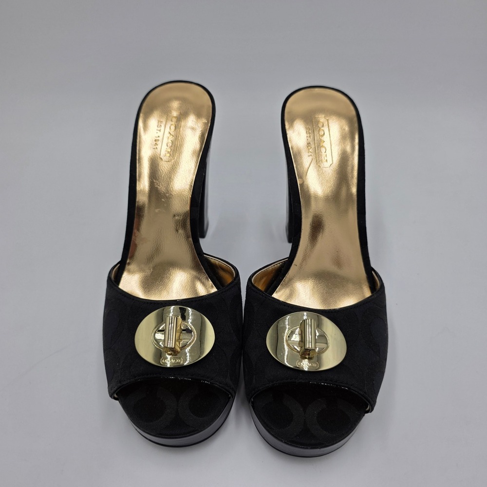 Coach Womens Black Signature Jacquard Turnlock Platform Mules Block Heel Size 7B